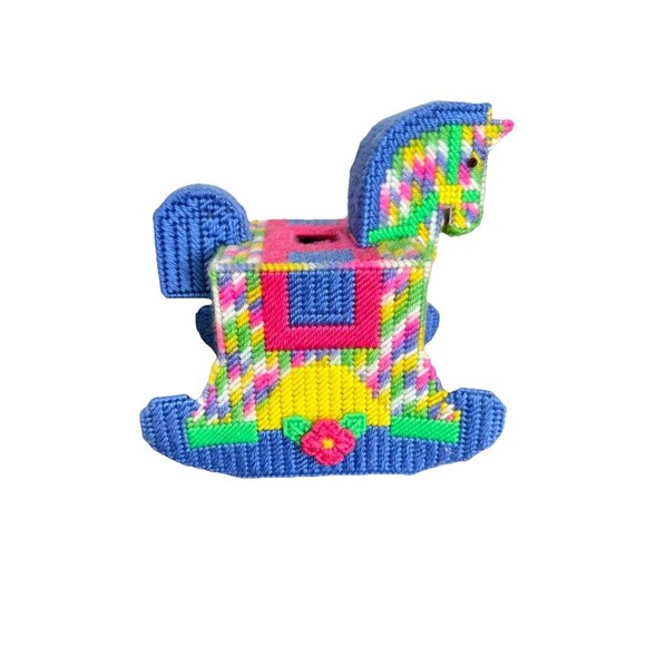 Vintage Needlepoint Rocking Horse Tissue Box Holder Cover Baby Nursery Colorful - Picture 1 of 9